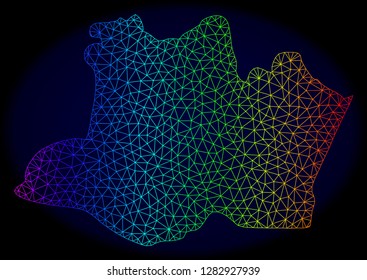 Rainbow colored mesh vector map of Amazonas State isolated on a dark blue background. Abstract lines, triangles forms map of Amazonas State. Carcass model for patriotic posters.