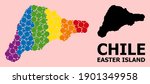 Rainbow colored mosaic vector map of Easter Island for LGBT, and black version. Geographic concept map of Easter Island is organized from randomized round spheric dots.