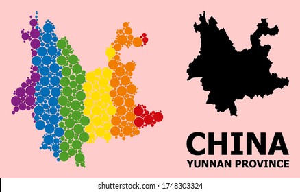 Rainbow colored mosaic vector map of Yunnan Province for LGBT, and black version. Geographic mosaic map of Yunnan Province is created from randomized round spheric spots.