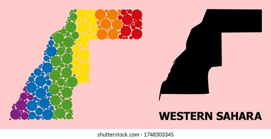 Rainbow colored mosaic vector map of Western Sahara for LGBT, and black version. Geographic mosaic map of Western Sahara is composed from random circle elements.