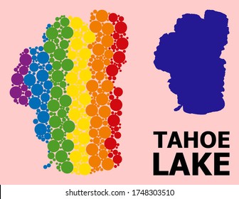 Rainbow colored mosaic vector map of Tahoe Lake for LGBT, and black version. Geographic mosaic map of Tahoe Lake is designed from scattered round spheric spots. svg