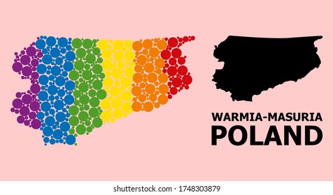 Rainbow colored mosaic vector map of Warmia-Masuria Province for LGBT, and black version. Geographic mosaic map of Warmia-Masuria Province is created with randomized round spheric elements.