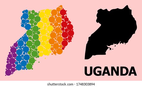 Rainbow colored mosaic vector map of Uganda for LGBT, and black version. Geographic mosaic map of Uganda is composed with random circle dots.