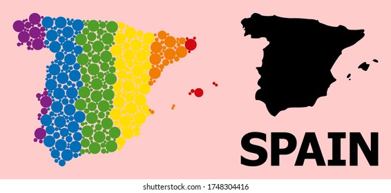Rainbow colored mosaic vector map of Spain for LGBT, and black version. Geographic mosaic map of Spain is done from randomized round spheric spots.