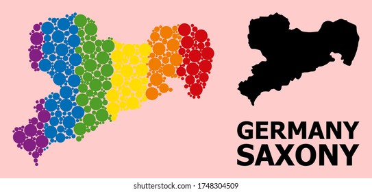 Rainbow colored mosaic vector map of Saxony State for LGBT, and black version. Geographic mosaic map of Saxony State is organized from random circle elements.
