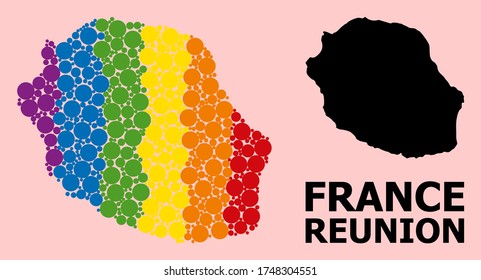 Rainbow colored mosaic vector map of Reunion Island for LGBT, and black version. Geographic mosaic map of Reunion Island is created with randomized circle dots.