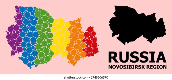 Rainbow colored mosaic vector map of Novosibirsk Region for LGBT, and black version. Geographic mosaic map of Novosibirsk Region is organized with scattered round spheric dots.