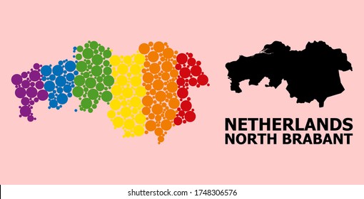 Rainbow colored mosaic vector map of North Brabant Province for LGBT, and black version. Geographic mosaic map of North Brabant Province is constructed from random round spheric elements.