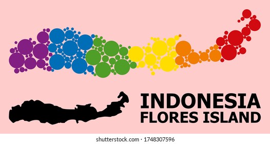 Rainbow colored mosaic vector map of Indonesia - Flores Island for LGBT, and black version. Geographic concept map of Indonesia - Flores Island is done from scattered circle dots.