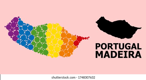 Rainbow colored mosaic vector map of Madeira Island for LGBT, and black version. Geographic composition map of Madeira Island is composed with random round spheric dots.