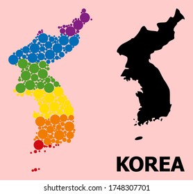 Rainbow colored mosaic vector map of Korea for LGBT, and black version. Geographic concept map of Korea is done from random round spheric elements.