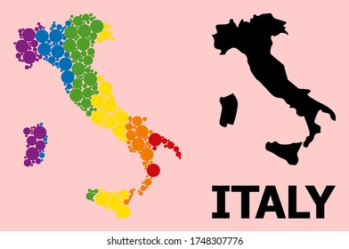 Rainbow colored mosaic vector map of Italy for LGBT, and black version. Geographic mosaic map of Italy is constructed with randomized circle dots.