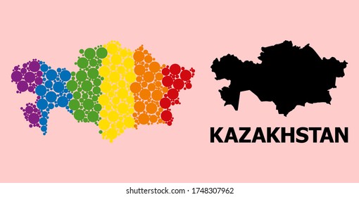 Rainbow colored mosaic vector map of Kazakhstan for LGBT, and black version. Geographic mosaic map of Kazakhstan is constructed from scattered circle elements.