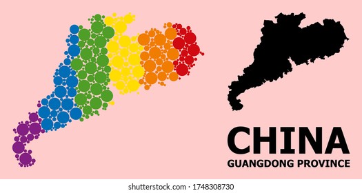 Rainbow colored mosaic vector map of Guangdong Province for LGBT, and black version. Geographic mosaic map of Guangdong Province is composed with randomized circle spots.