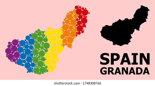 Rainbow colored mosaic vector map of Granada Province for LGBT, and black version. Geographic mosaic map of Granada Province is constructed from random round spheric dots.