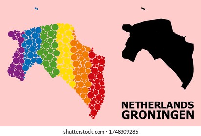 Rainbow colored mosaic vector map of Groningen Province for LGBT, and black version. Geographic concept map of Groningen Province is constructed with scattered circle dots.