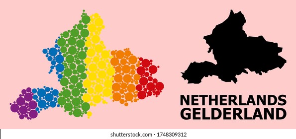 Rainbow colored mosaic vector map of Gelderland Province for LGBT, and black version. Geographic collage map of Gelderland Province is organized from scattered round spheric dots.