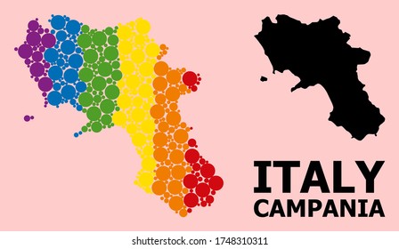 Rainbow colored mosaic vector map of Campania region for LGBT, and black version. Geographic concept map of Campania region is combined from scattered round spheric dots.