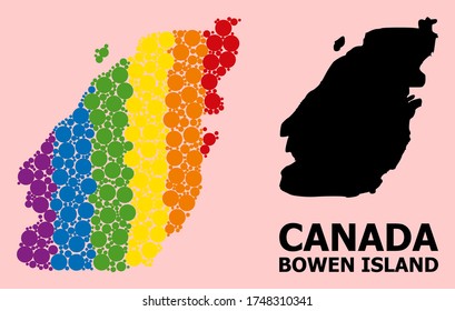 Rainbow colored mosaic vector map of Bowen Island for LGBT, and black version. Geographic concept map of Bowen Island is designed with scattered round spheric spots.