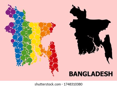 Rainbow colored mosaic vector map of Bangladesh for LGBT, and black version. Geographic mosaic map of Bangladesh is constructed with randomized round spheric dots.