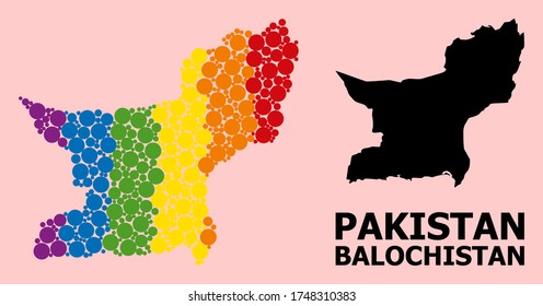 Rainbow colored mosaic vector map of Balochistan Province for LGBT, and black version. Geographic concept map of Balochistan Province is composed with scattered round spheric spots.