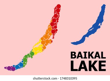 Rainbow colored mosaic vector map of Baikal for LGBT, and black version. Geographic mosaic map of Baikal is constructed from random round spheric elements.