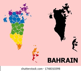 Rainbow colored mosaic vector map of Bahrain for LGBT, and black version. Geographic mosaic map of Bahrain is constructed from random round spheric dots.
