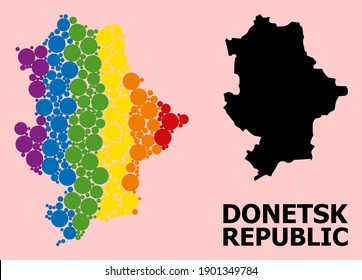 Rainbow colored mosaic vector map of Donetsk Republic for LGBT, and black version. Geographic concept map of Donetsk Republic is combined with randomized circle elements.