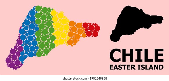 Rainbow colored mosaic vector map of Easter Island for LGBT, and black version. Geographic concept map of Easter Island is organized from randomized round spheric dots.