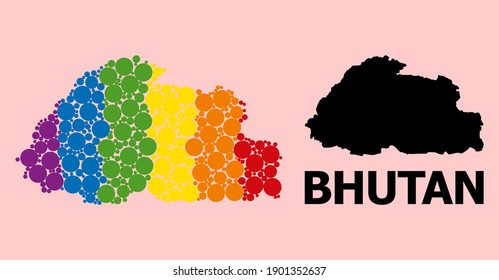 Rainbow colored mosaic vector map of Bhutan for LGBT, and black version. Geographic concept map of Bhutan is organized from randomized round spheric spots.