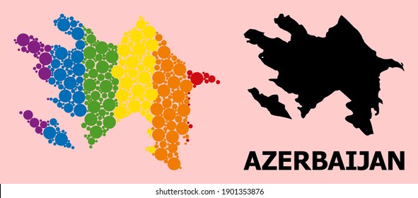 Rainbow colored mosaic vector map of Azerbaijan for LGBT, and black version. Geographic collage map of Azerbaijan is constructed from scattered circle elements.