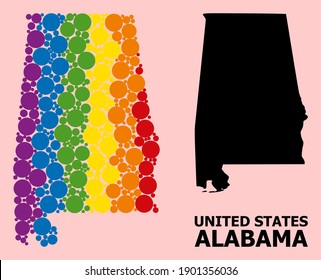 Rainbow colored mosaic vector map of Alabama State for LGBT, and black version. Geographic mosaic map of Alabama State is organized from random round spheric dots.