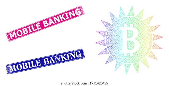 Rainbow colored net bitcoin shine, and Mobile Banking unclean framed rectangle stamps. Pink and blue rectangle badges include Mobile Banking caption. Vector model created from bitcoin shine icon.