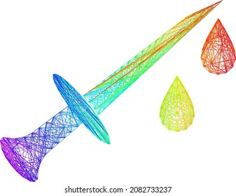 Espada de sangre neta de color arcoiris. Red 2D de canal lineal geométrica basada en el icono de la espada de sangre, generada con líneas interseccionadas, con gradiente de arco iris.