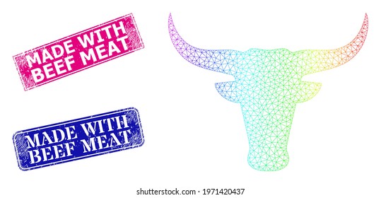 Rainbow colored net bull head, and Made With Beef Meat corroded framed rectangle stamp seals. Pink and blue rectangle stamp seals contain Made with Beef Meat text.
