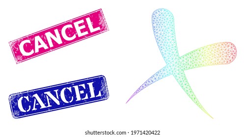 Rainbow colored net cancel, and Cancel unclean framed rectangle stamps. Pink and blue rectangle badges contain Cancel text. Vector model created from cancel icon. Colored frame polygonal icon.