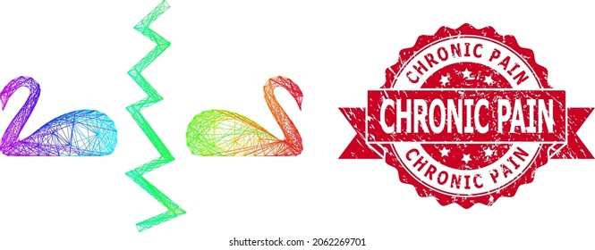 Rainbow colored net divorce swans, and Chronic Pain unclean ribbon stamp seal. Red stamp seal contains Chronic Pain text inside ribbon.Geometric linear frame flat net based on divorce swans icon,