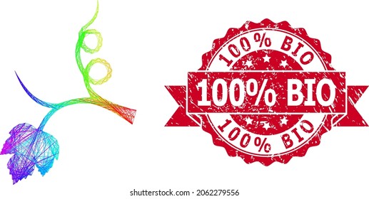 Rainbow colored net grape sprout, and 100 percent Bio dirty ribbon seal imitation. Red seal contains 100 percent Bio tag inside ribbon.Geometric hatched frame flat net based on grape sprout icon,