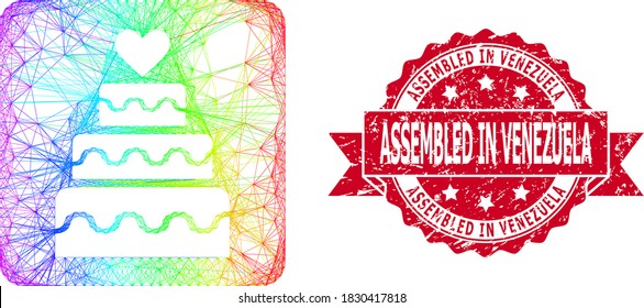 Rainbow colored net marriage cake, and Assembled in Venezuela scratched ribbon seal. Red seal includes Assembled in Venezuela text inside ribbon.