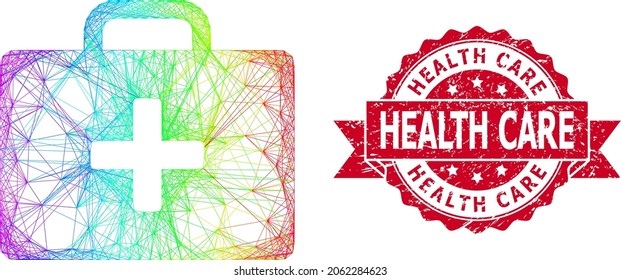 Rainbow colored net medical kit case, and Health Care dirty ribbon seal. Red seal contains Health Care tag inside ribbon.Geometric hatched frame flat net based on medical kit case icon,