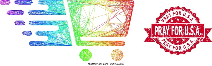 Rainbow colored net shopping cart, and Pray for U.S.A. scratched ribbon seal print. Red stamp seal has Pray for U.S.A. text inside ribbon.Geometric wire carcass flat net based on shopping cart icon,