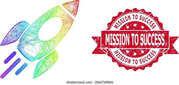 Rainbow colored net space rocket, and Mission to Success dirty ribbon seal print. Red seal includes Mission to Success tag inside ribbon.Geometric wire carcass flat net based on space rocket icon,