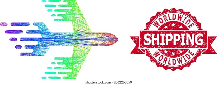 Rainbow colored network airplane, and Worldwide Shipping dirty ribbon seal imitation. Red stamp has Worldwide Shipping caption inside ribbon.Geometric linear carcass 2D network based on airplane icon,