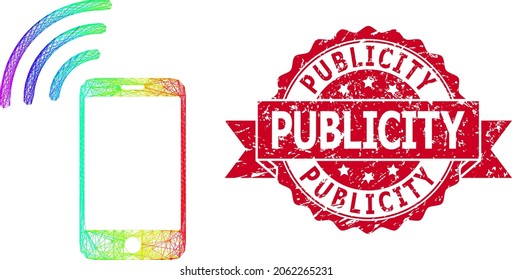 Señal de red de celulares de color arcoiris y sello de cinta texturizada publicitaria. El sello rojo contiene texto publicitario dentro de la cinta.