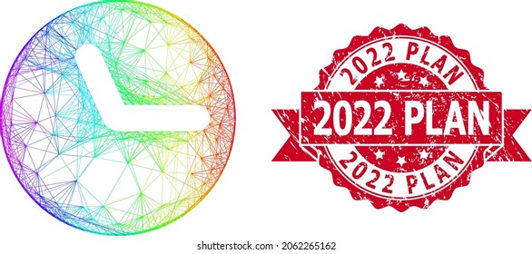 Rainbow colored network clock, and 2022 Plan rubber ribbon seal. Red stamp seal contains 2022 Plan text inside ribbon.Geometric linear frame flat network based on clock icon,