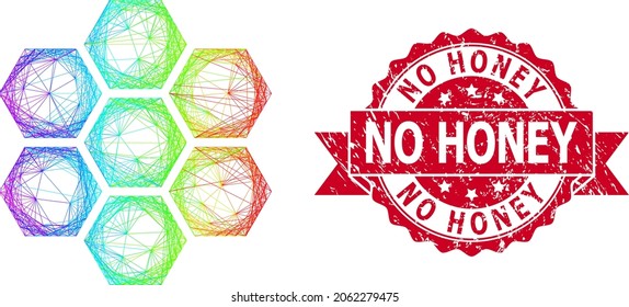Colas de miel de la red de color arcoiris y sello de marca de la cinta sin miel. Sello de sello rojo no tiene título de miel dentro de la cinta.Red plana de marco lineal geométrica basada en el icono de los peines de miel,