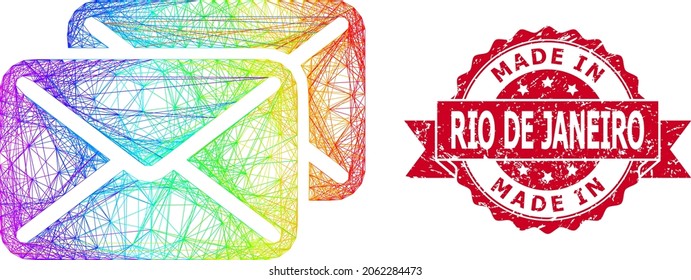 Rainbow colored network letters, and Made In Rio De Janeiro corroded ribbon stamp. Red stamp seal has Made in Rio De Janeiro tag inside ribbon.