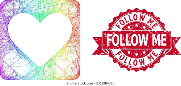 Rainbow colored network love heart, and Follow Me textured ribbon seal imitation. Red stamp seal includes Follow Me text inside ribbon.Geometric hatched carcass flat network based on love heart icon,