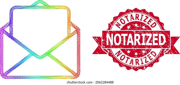 Rainbow-farbener Netzwerk-offener Brief, und Notarisierte Gummi-Band-Stempel-Siegel. Der rote Stempel hat eine Notaraufschrift innerhalb des Ribbon.Geometrisches 2D-Netz aus geschlüpftem Schlachtkörper auf der Grundlage des Symbols für offene Buchstaben,