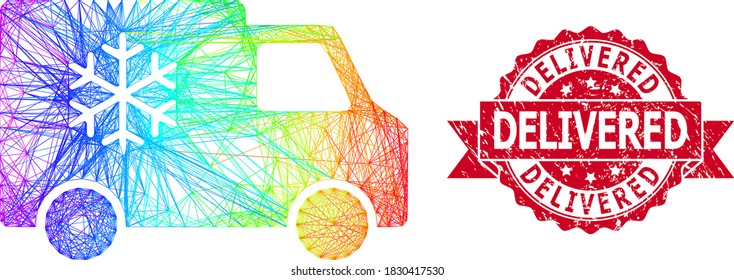 Rainbow colored network refrigerator car, and Delivered corroded ribbon seal print. Red seal contains Delivered title inside ribbon.Geometric wire frame flat net based on refrigerator car icon,